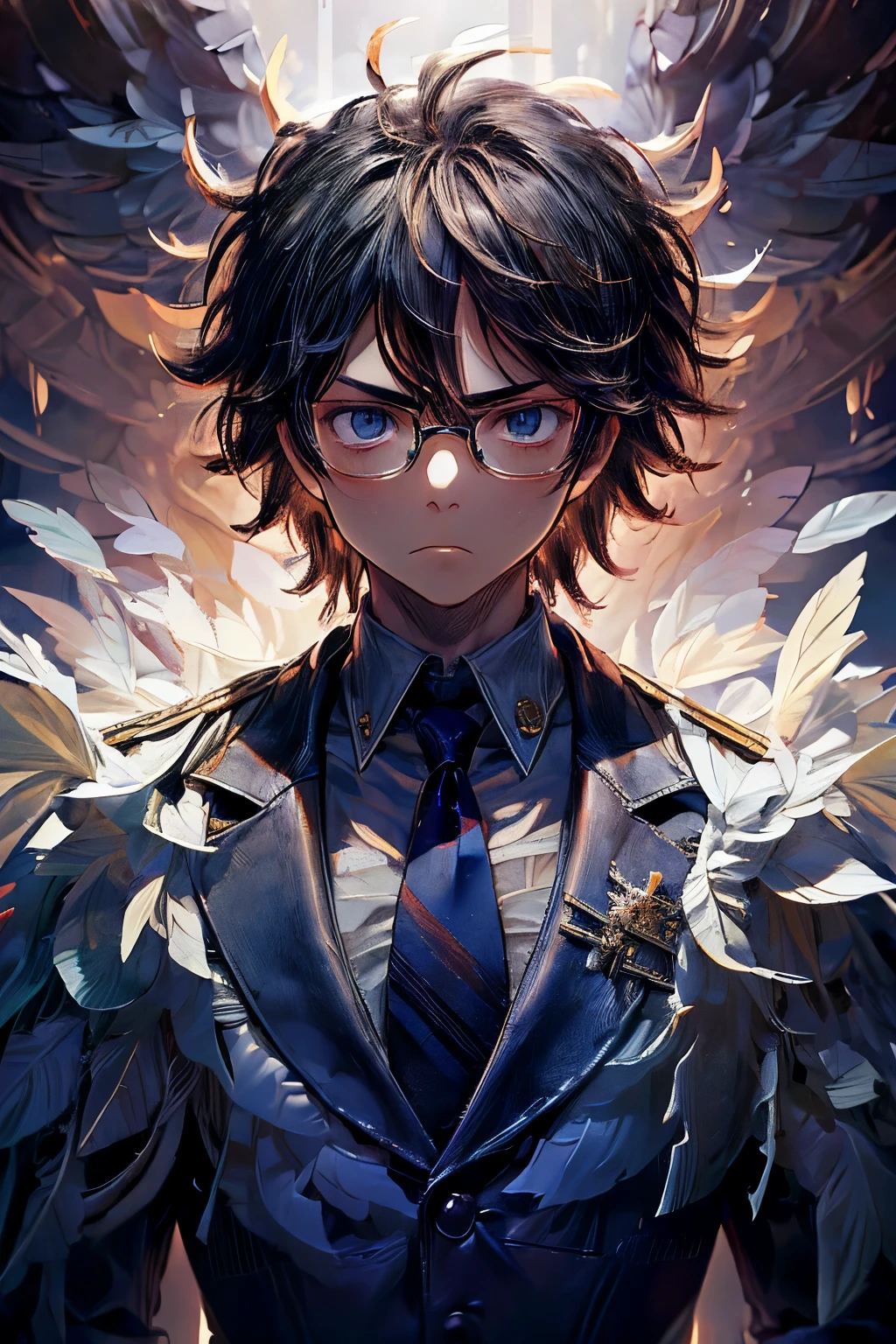 masterpiece, superfine illustration, best quality, 1boy, , solo, cute, black hair, (messy hair:1.3), glasses, navy blue blazer, red tie, slacks, serious, emotionless, expressionless, mysterious, classroom