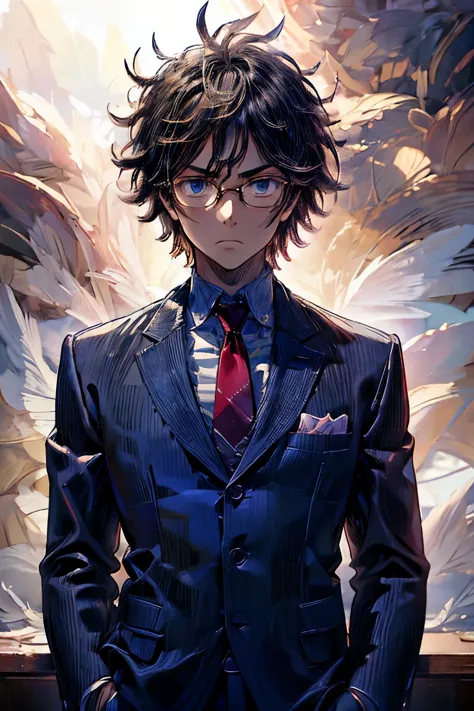 masterpiece, superfine illustration, best quality, 1boy, , solo, cute, black hair, (messy hair:1.3), glasses, navy blue blazer, ...