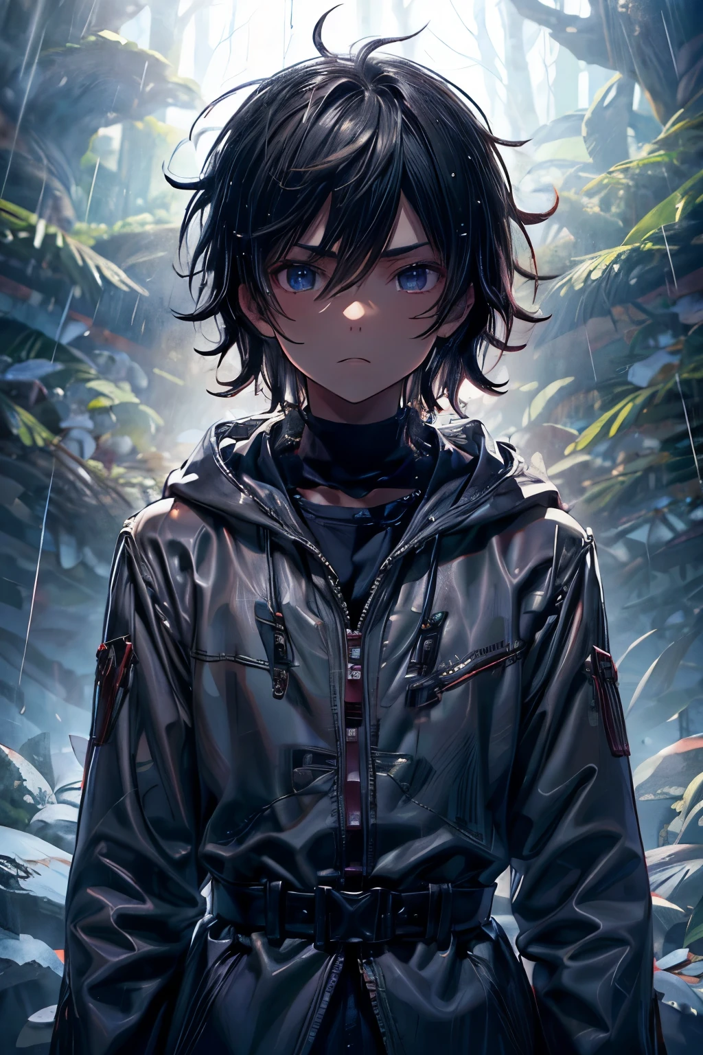 masterpiece, superfine illustration, best quality, 1boy, (8 years old), solo, cute, semi long black hair, (messy hair:1.3), rain coat, serious, emotionless, expressionless, mysterious, rainy forest