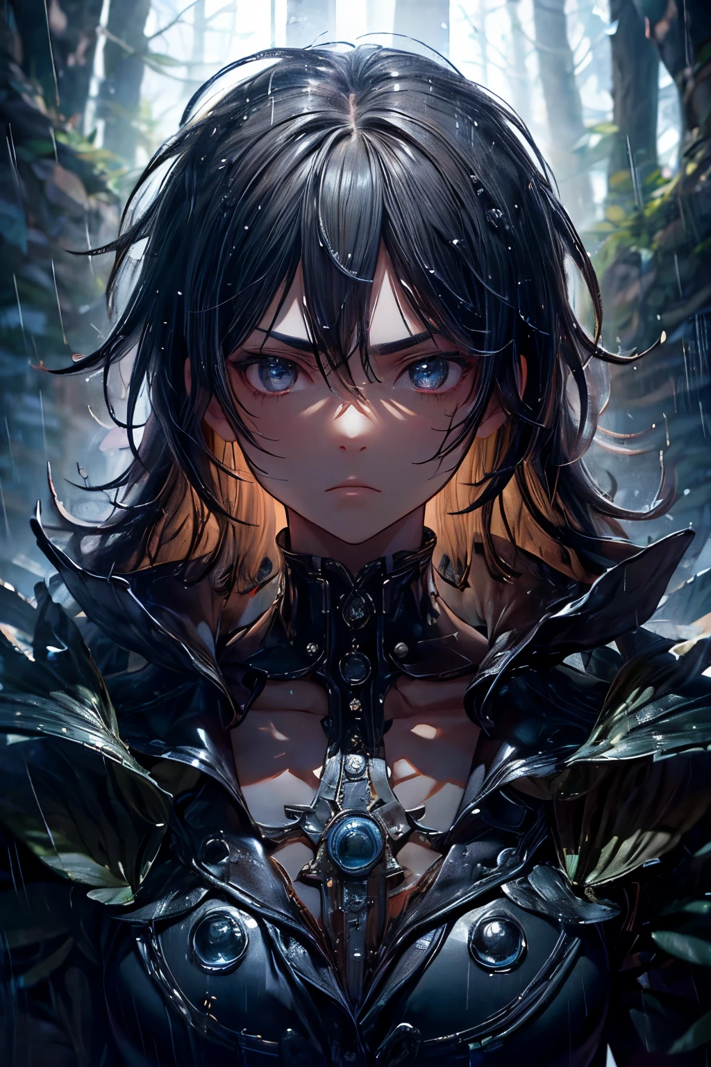 masterpiece, superfine illustration, best quality, 1boy, (8 years old), solo, cute, semi long black hair, (messy hair:1.3), rain coat, serious, emotionless, expressionless, mysterious, rainy forest