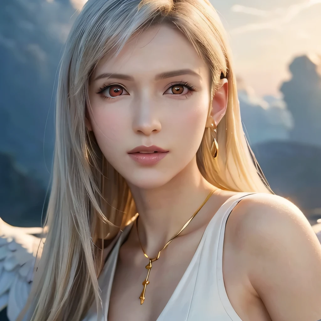 Exact Tifa Lockhart face with cheveux blancs, ressemblant exactement à Tifa Lockhart, Visage réaliste de Tifa Lockhart, (((vêtue d'une robe blanche et dorée))), Épaules nues, avec de grandes ailes blanches comme un ange, au milieu des nuages, ((auréole au-dessus de la tête)), seulement, cheveux longs, corps parfait, des boucles d&#39;oreilles, ((cheveux blancs)), Collier en or, regarder le spectateur, Réaliste, flou, yeux rouge foncé, maquillage blanc, ((chef-d&#39;œuvre)), 1fille, seulement, charme féminin, aura séduisante, un charisme indéniable, YEUX EXPRESSIFS, yeux charbonneux subtils, lèvres parfaitement dessinées, teint éclatant, féminité féroce, bijoux exquis, contraste saisissant de couleurs, ([épaules nues), voler dans les nuages, jambes visibles, Canon EOS 5D,