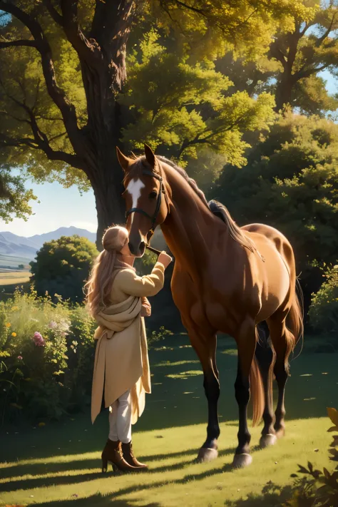 a young girl with a golden filigree and a regal golden coat of whiskers gazes out at a vast plain with a majestic chestnut horse...