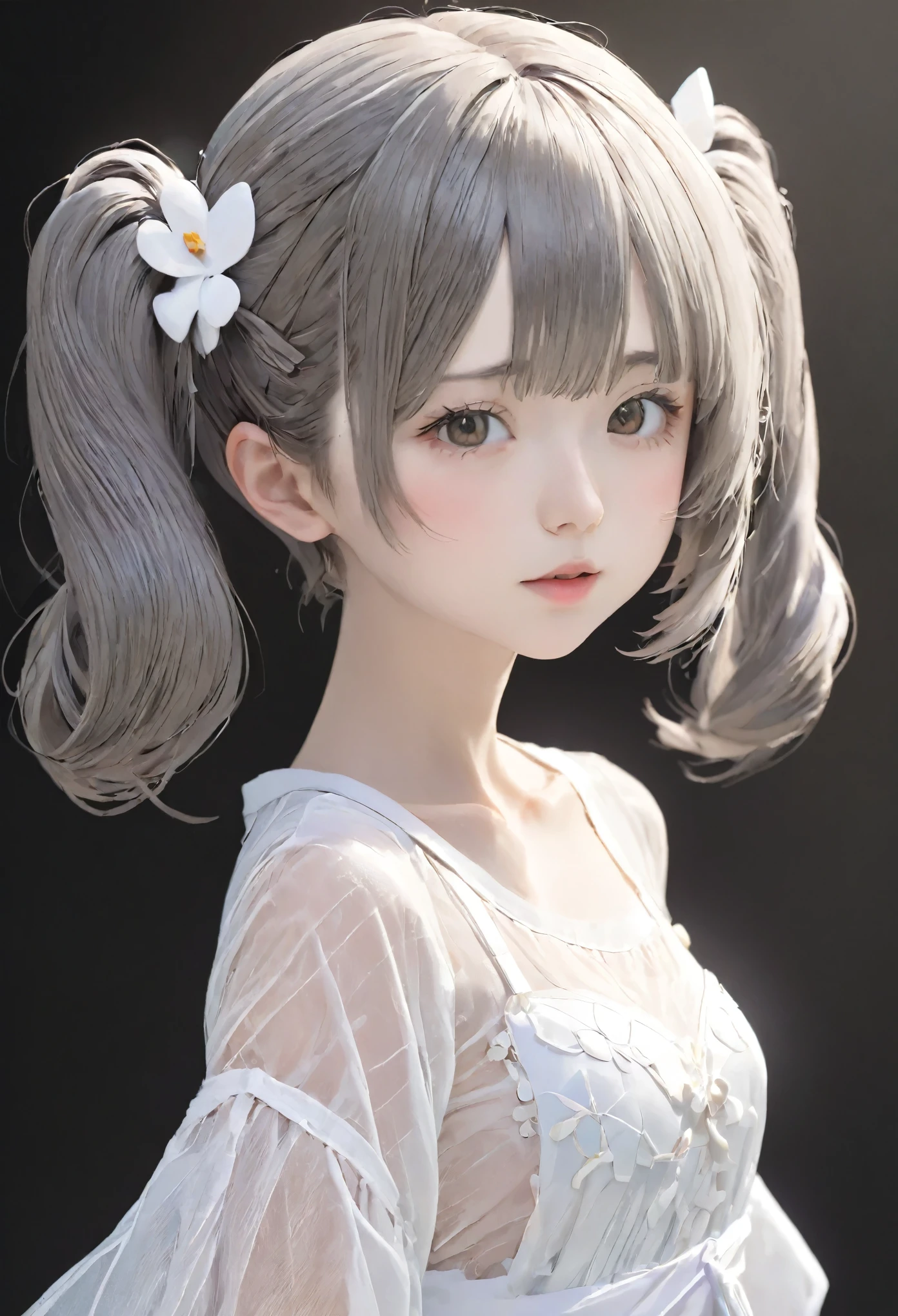 High resolution, high resolution, High detail,, Anatomically correct, sharp, gray bachairground、((Japanese)), alone,snow-white shairin,fair shairin、Fuller lips、very cute、(((Small breasts、Small breasts)))、An ennui loohair、 Shapely breasts, mesh brown hair、Twin tails:1.3、short hairのTwin tails:1.1、short hair、stylish blachair dress:1.3、(((Stand upright, Facing the center of the screen.))) ((Upper body angle))、RAW Photos、highest quality、Super Resolution、Best image quality、masterpiece、８hair