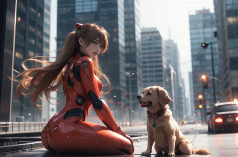 girl, machine dog, tank, cyber punk, double exposure, city settings, headset, overlooking, asuka langley soryu