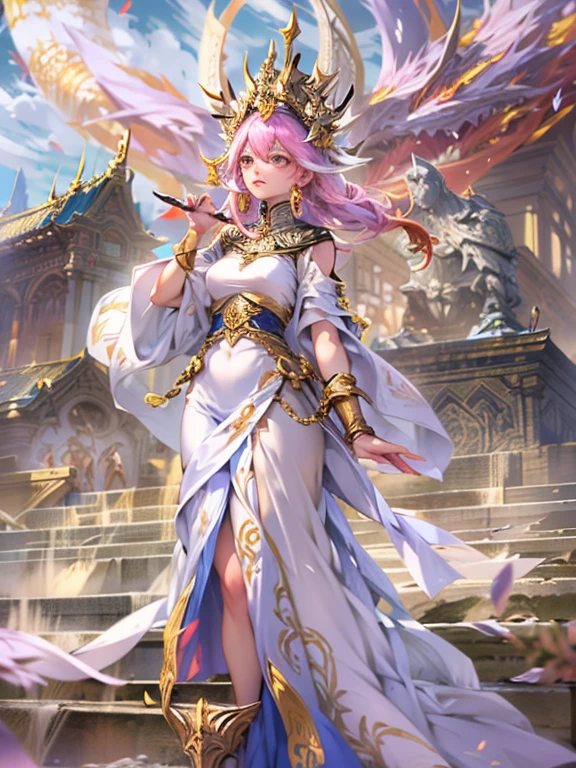 action anime, cinematic, dynamic view, HD quality, (Fate/Grand Order) Larval Tiamat, cute, majestic, in white and gold robes, imposingly descending the stairs of a Ziggurat, an absolute ovation as queen of Ur, Sumerian details, architecture majestic,