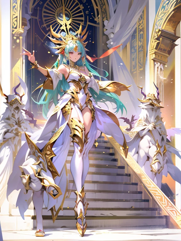 action anime, cinematic, dynamic view, HD quality, (Fate/Grand Order) Larval Tiamat, cute, majestic, in white and gold robes, imposingly descending the stairs of a Ziggurat, an absolute ovation as queen of Ur, Sumerian details, architecture majestic,