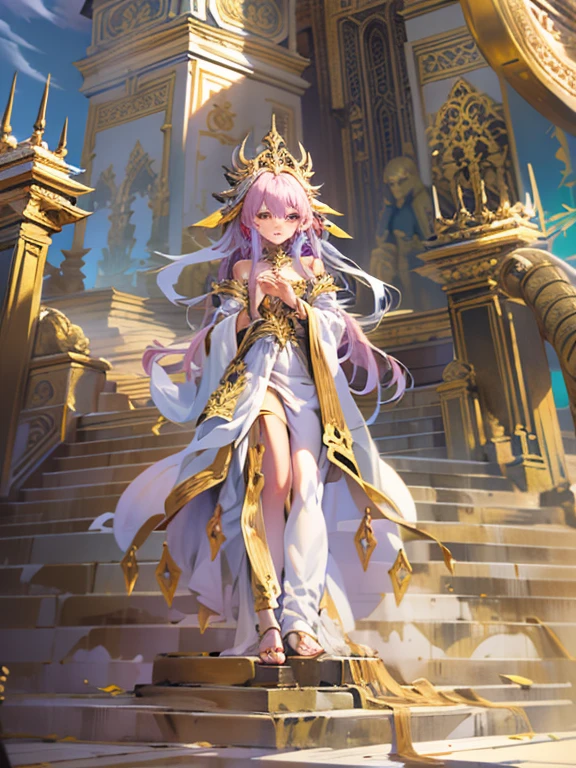 action anime, cinematic, dynamic view, HD quality, (Fate/Grand Order) Larval Tiamat, cute, majestic, in white and gold robes, imposingly descending the stairs of a Ziggurat, an absolute ovation as queen of Ur, Sumerian details, architecture majestic,