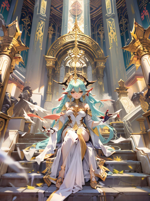 action anime, cinematic, dynamic view, HD quality, (Fate/Grand Order) Larval Tiamat, cute, majestic, in white and gold robes, imposingly descending the stairs of a Ziggurat, an absolute ovation as queen of Ur, Sumerian details, architecture majestic,