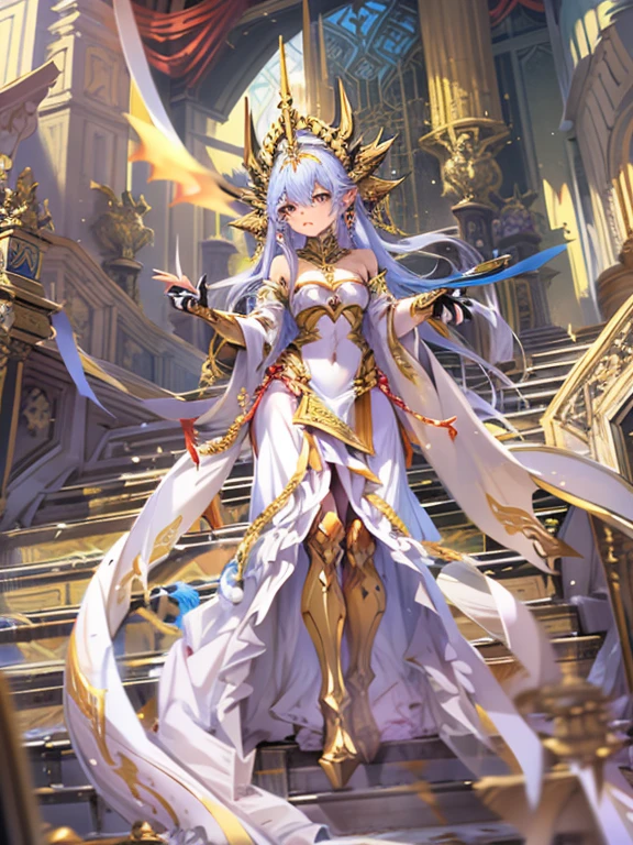 action anime, cinematic, dynamic view, HD quality, (Fate/Grand Order) Larval Tiamat, cute, majestic, in white and gold robes, imposingly descending the stairs of a Ziggurat, an absolute ovation as queen of Ur, Sumerian details, architecture majestic,