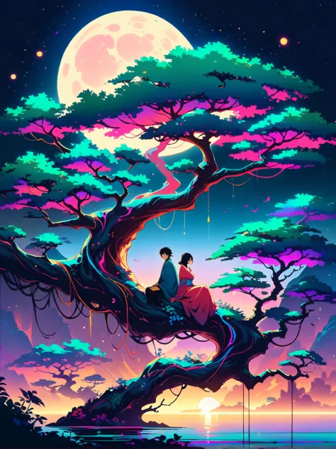 yinji，romantic ancient style，night，backlight，a man and a woman sitting on a tree branch，there is a full moon behind，fresh colors...