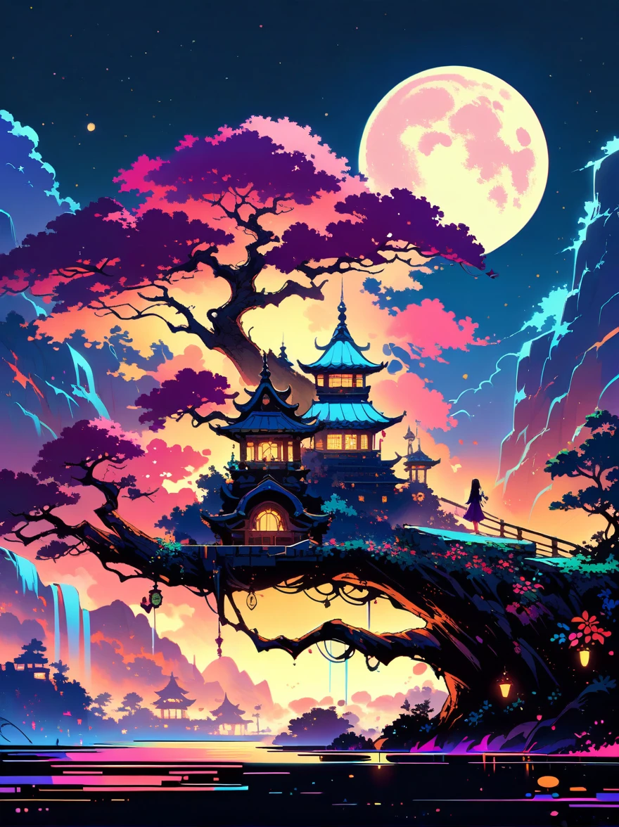 yinji，Romantic ancient style，night，Backlight，A man and a woman sitting on a tree branch，There is a full moon behind，Fresh colors，Soft colors，Diode lamp，Concept art style，Extremely complex details，Clear distinction between light and dark，Structured，Ultra HD, 1yj1