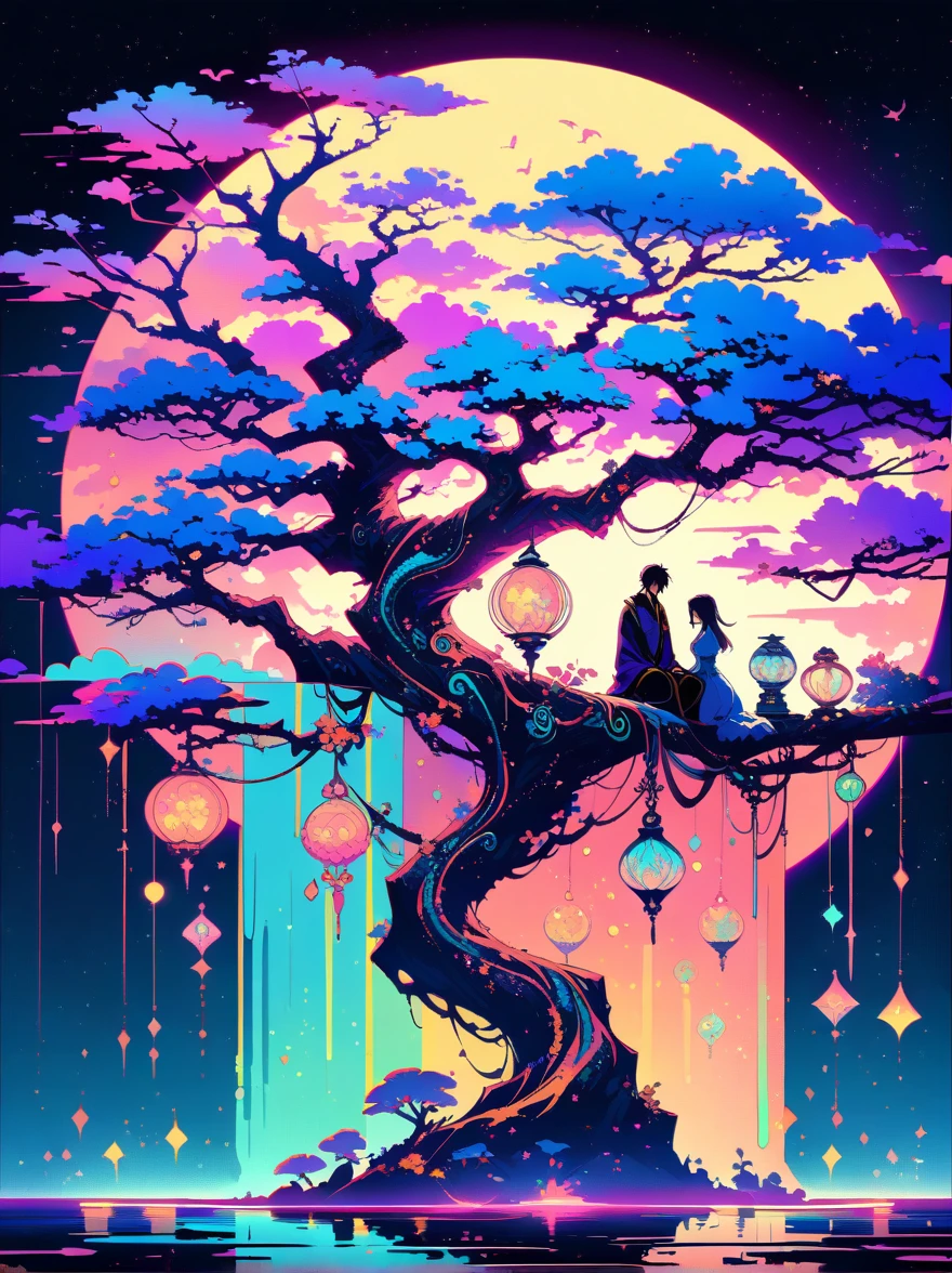 yinji，浪漫古风，夜晚，背光，一個男人和一個女人坐在樹枝上，背後有一輪滿月，色彩清新，柔和的色彩，二極體燈，概念藝術風格，極為複雜的細節，明暗區別明顯，結構化的，超高畫質, 1yj1