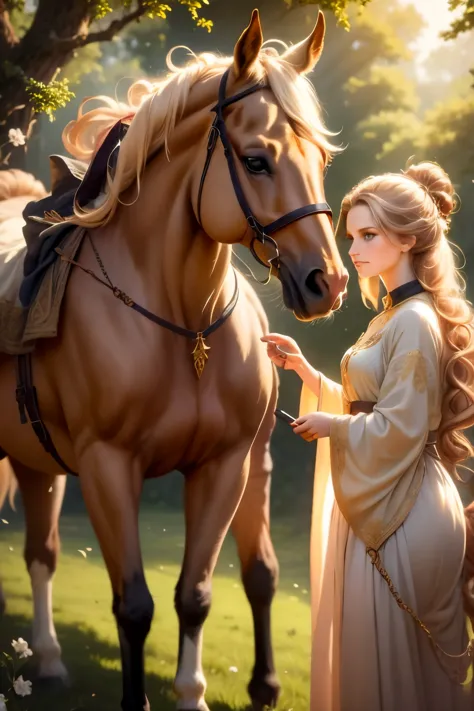 a young girl with a golden filigree and a regal golden coat of whiskers gazes out at a vast plain with a majestic chestnut horse...