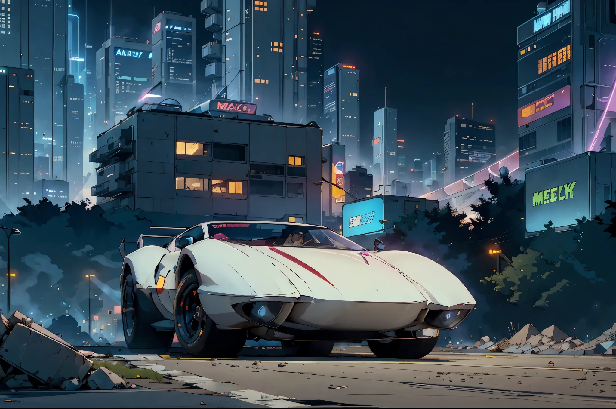 Mach 5 ((L&#39;avenir cyberpunk)), image du centre d&#39;une ville cyberpunk, entouré de bâtiments avec une rivière au milieu, ferry dans la ville, ferry jaune, point traversant la ville, des panneaux publicitaires partout, Speedracer Mach 5