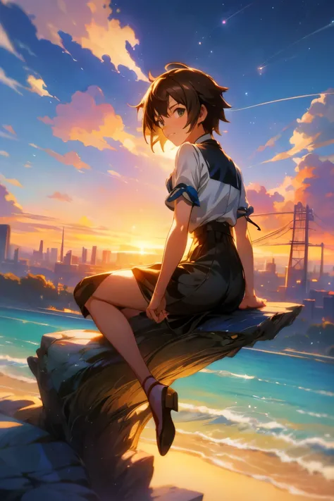 anime girl sitting on a rock looking at the sky,a sky piercing tower far far away, makoto shinkai cyril rolando, anime art wallp...