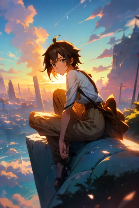 anime girl sitting on a rock looking at the sky,a sky piercing tower far far away, makoto shinkai cyril rolando, anime art wallp...