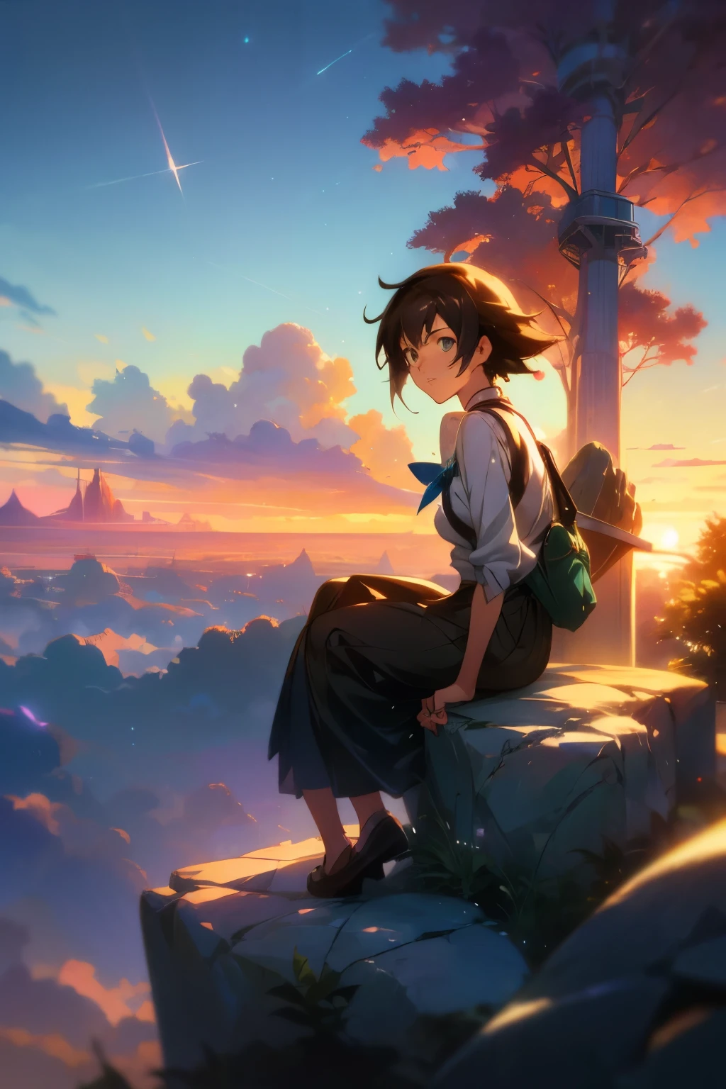 anime girl sitting on a rock looking at the sky,a sky piercing tower far far away, makoto shinkai cyril rolando, anime art wallpaper 4 k, anime art wallpaper 4k, cyril rolando and goro fujita, anime art wallpaper 8 k, 4k anime wallpaper, anime wallpaper 4 k, anime wallpaper 4k, ( ( makoto shinkai ) ), makoto shinkai!