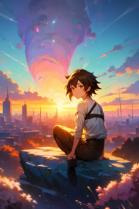 anime girl sitting on a rock looking at the sky,a sky piercing tower far far away, makoto shinkai cyril rolando, anime art wallp...