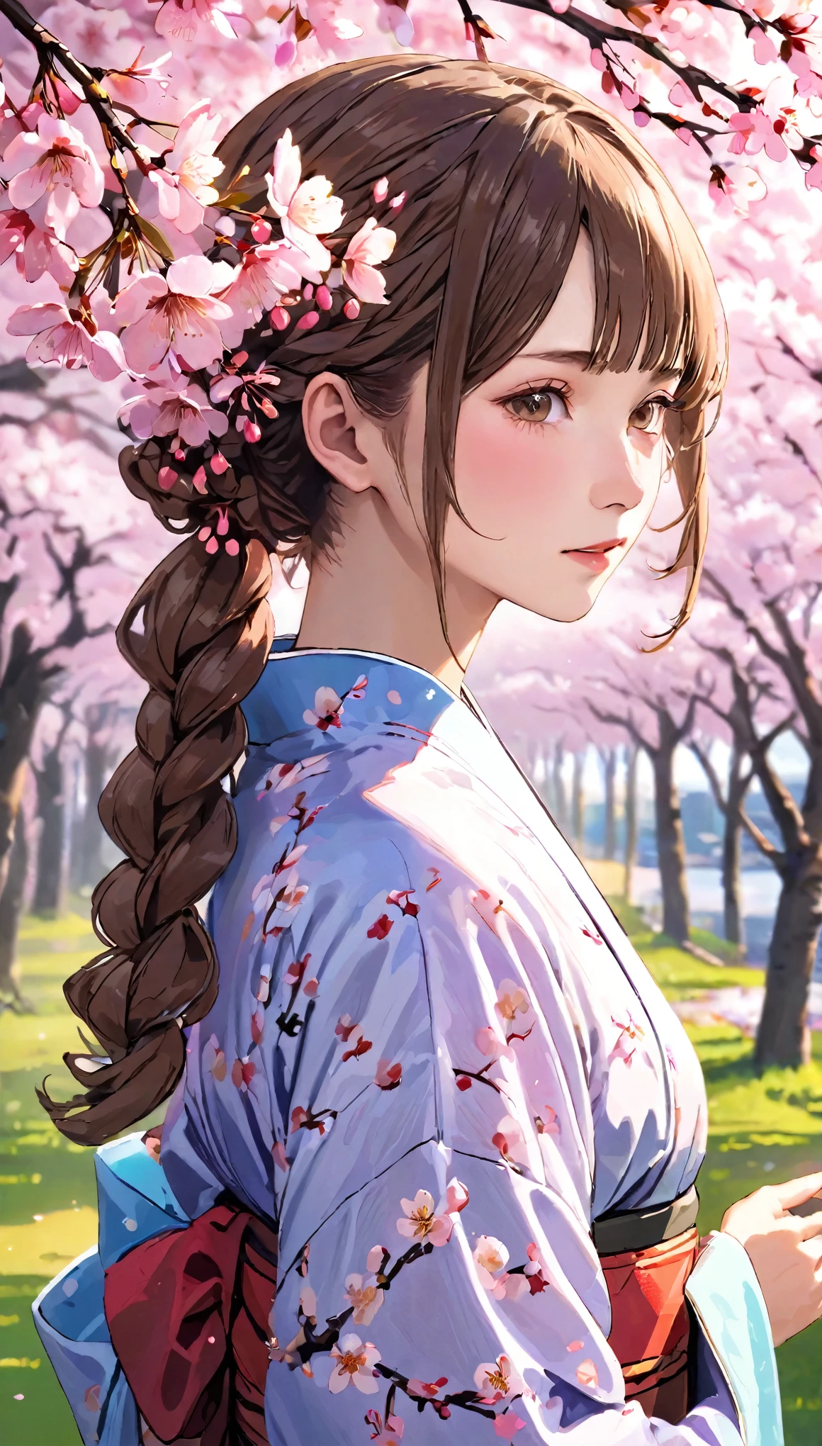 (((RAW Photos:1.3、Realistic:1.3)))、One Girl、１６talent、anatomy、small face、small、small鼻、Pale pink eyes、Loosely braided low ponytail、Brown Hair、small breasts、Beautiful kimono、Yamato Nadeshiko、Random Pause、Yoshino cherry tree、Beautiful cherry blossoms、highest quality、High resolution、High resolution、Cinema Lighting、Professional Photographer