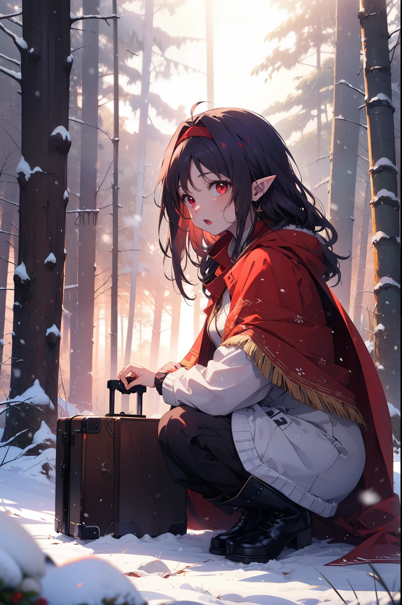 yuukikonno, Yuki Konno, hair band, Long Hair, Pointy Ears, Purple Hair, (Red eyes:1.5), (Small breasts:1.2), Open your mouth,snow,fire, Outdoor, boots, snowing, From the side, wood, suitcase, Cape, Blurred, forest, nature, Brown eyes, Squat, Mouth closed, フードed Cape, winter, Written boundary depth, Black shoes, red Cape
break looking at viewer, Upper Body, whole body,
break Outdoor, forest, nature,
break (masterpiece:1.2), highest quality, High resolution, unity 8k wallpaper, (shape:0.8), (Fine and beautiful eyes:1.6), Highly detailed face, Perfect lighting, Highly detailed CG, (Perfect hands, Perfect Anatomy),