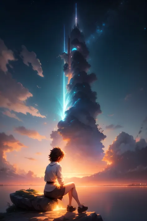 anime girl sitting on a rock looking at the sky,a sky piercing tower far far away, makoto shinkai cyril rolando, anime art wallp...