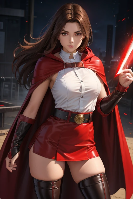 19 year old girl straight brown hair perfect body red hood and cape white shirt with shoulder pads red chorts belt stockings black pantyhose boots tender face creating energy shields 