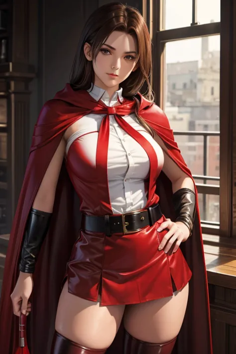 19 year old girl straight brown hair perfect body red hood and cape white shirt with shoulder pads red chorts belt stockings bla...