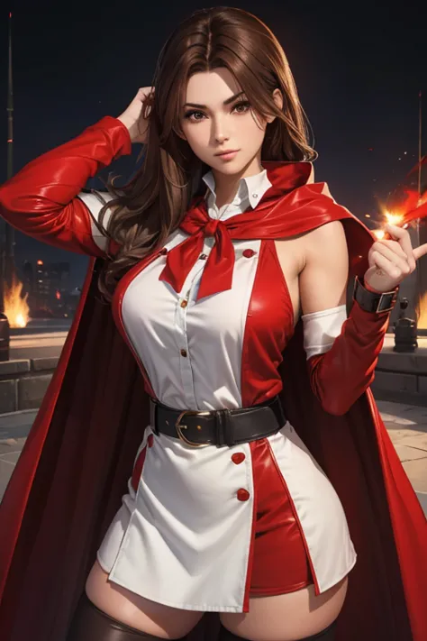 19 year old girl straight brown hair perfect body red hood and cape white shirt with shoulder pads red chorts belt stockings bla...