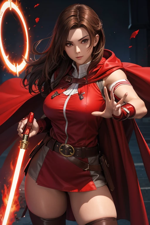 19 year old girl straight brown hair perfect body red hood and cape white shirt with shoulder pads red chorts belt stockings black pantyhose boots tender face creating energy shields with her hands 