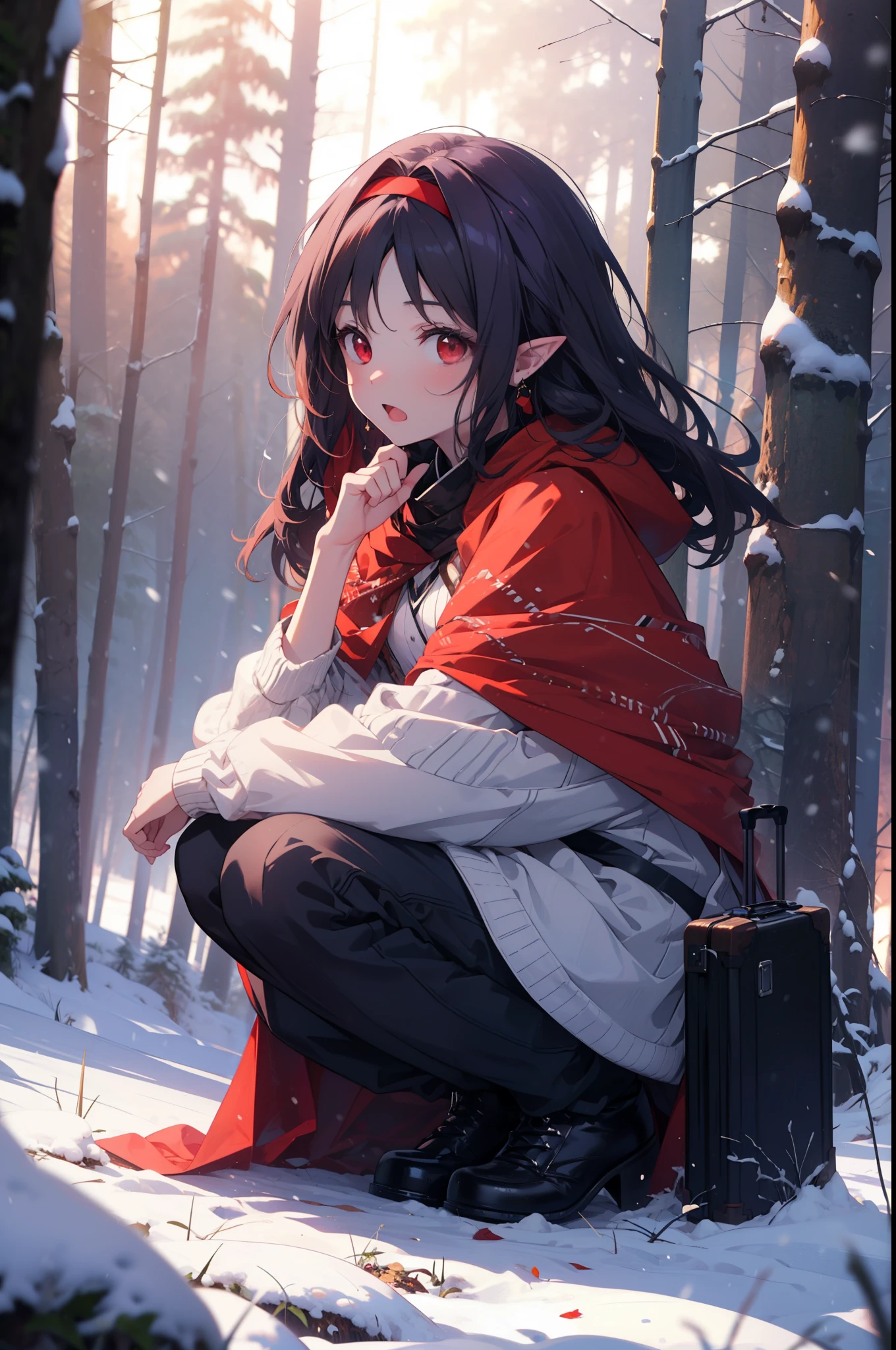 yuukikonno, Yuki Konno, hair band, Long Hair, Pointy Ears, Purple Hair, (Red eyes:1.5), (Small breasts:1.2), Open your mouth,snow,fire, Outdoor, boots, snowing, From the side, wood, suitcase, Cape, Blurred, forest, nature, Brown eyes, Squat, Mouth closed, フードed Cape, winter, Written boundary depth, Black shoes, red Cape
break looking at viewer, Upper Body, whole body,
break Outdoor, forest, nature,
break (masterpiece:1.2), highest quality, High resolution, unity 8k wallpaper, (shape:0.8), (Fine and beautiful eyes:1.6), Highly detailed face, Perfect lighting, Highly detailed CG, (Perfect hands, Perfect Anatomy),