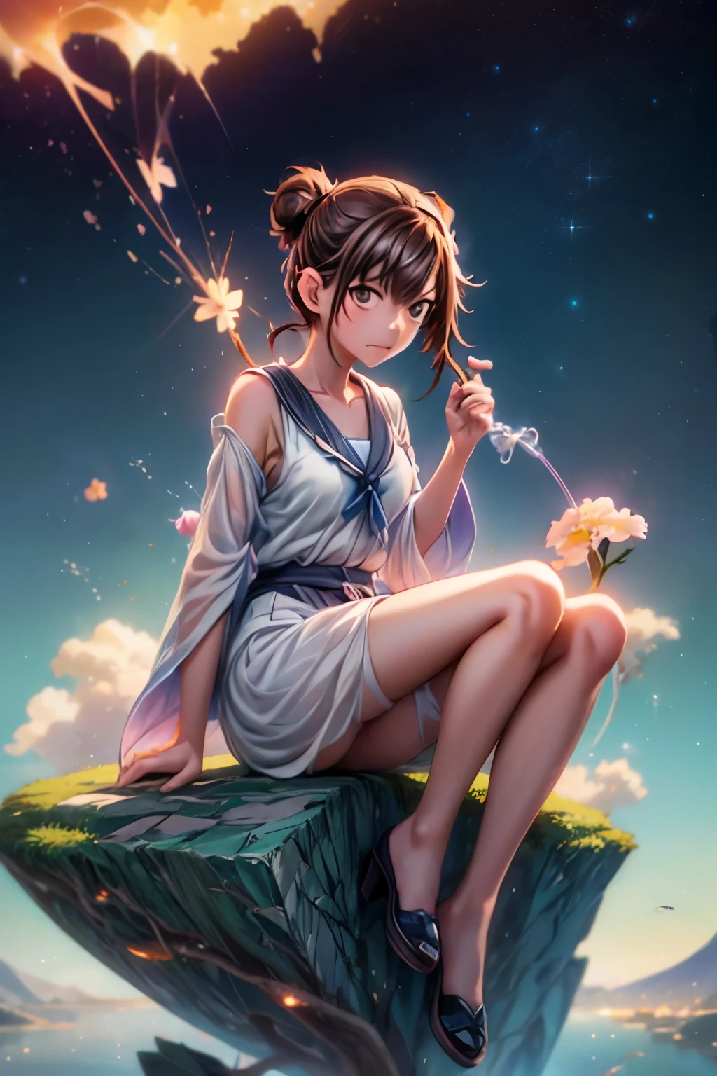 anime girl sitting on a rock looking at the sky,a sky piercing tower far far away, makoto shinkai cyril rolando, anime art wallpaper 4 k, anime art wallpaper 4k, cyril rolando and goro fujita, anime art wallpaper 8 k, 4k anime wallpaper, anime wallpaper 4 k, anime wallpaper 4k, ( ( makoto shinkai ) ), makoto shinkai!