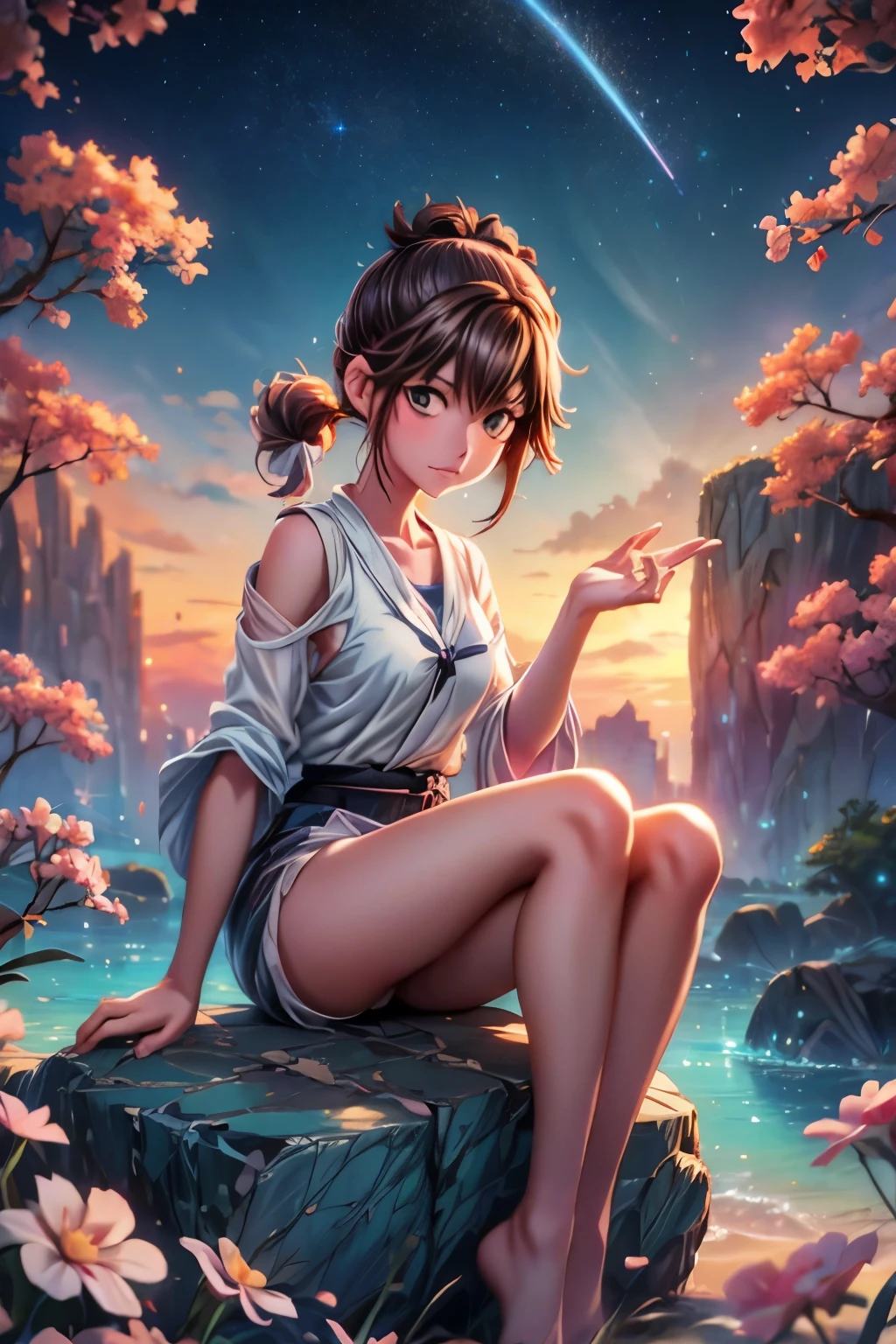 anime girl sitting on a rock looking at the sky,a sky piercing tower far far away, makoto shinkai cyril rolando, anime art wallpaper 4 k, anime art wallpaper 4k, cyril rolando and goro fujita, anime art wallpaper 8 k, 4k anime wallpaper, anime wallpaper 4 k, anime wallpaper 4k, ( ( makoto shinkai ) ), makoto shinkai!