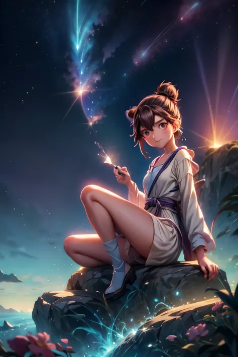 anime girl sitting on a rock looking at the sky,a sky piercing tower far far away, makoto shinkai cyril rolando, anime art wallp...