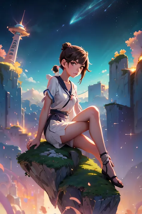 anime girl sitting on a rock looking at the sky,a sky piercing tower far far away, makoto shinkai cyril rolando, anime art wallp...