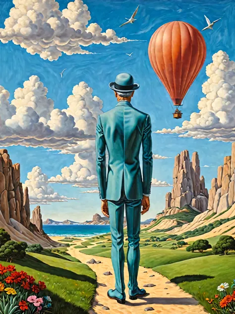 pintura surrealista, a human figure in an extravagant mystical landscape, arte de breton e carrington e dal e ernst e fini e mag...