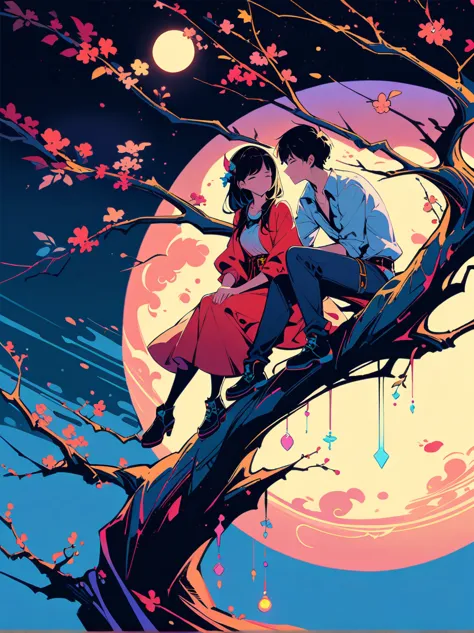 yinji，romantic，night，backlight，a man and a woman sitting on a tree branch，there is a full moon behind，fresh colors，soft colors，d...