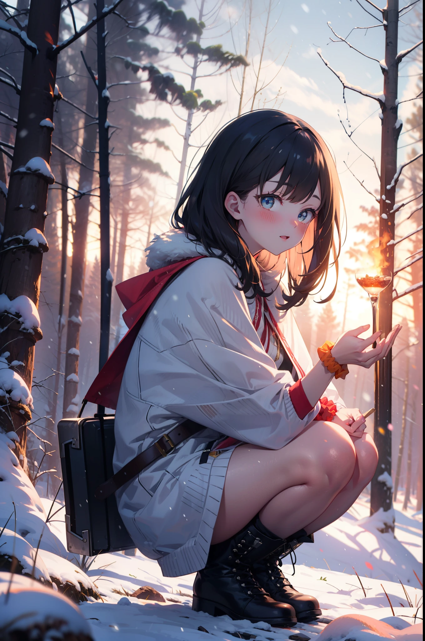 6 flowers, rikka takarada, Black Hair, blue eyes, Long Hair, orange Scrunchie, Scrunchie, wrist Scrunchie,smile,blush,White Breath,
Open your mouth,snow,Ground bonfire, Outdoor, boots, snowing, From the side, wood, suitcase, Cape, Blurred, Increase your meals, forest, White handbag, nature,  Squat, Mouth closed, フードed Cape, winter, Written boundary depth, Black shoes, red Cape break looking at viewer, Upper Body, whole body, break Outdoor, forest, nature, break (masterpiece:1.2), highest quality, High resolution, unity 8k wallpaper, (shape:0.8), (Beautiful and beautiful eyes:1.6), Highly detailed face, Perfect lighting, Extremely detailed CG, (Perfect hands, Perfect Anatomy),