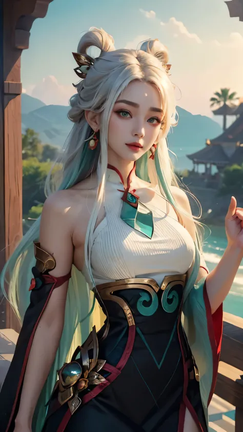 (masterpiece, best quality:1.2), intricate details, mythmaker irelia, 1girl, hair ornament, hair rings, bare shoulders, dress, d...