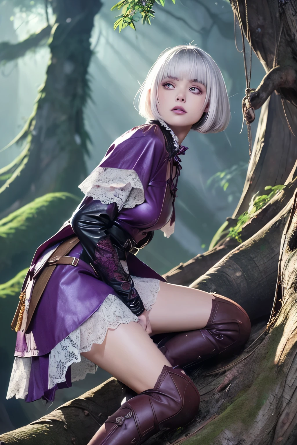 (super-detailed face, narrow eyes, looking away:1.3), (gothic & ukiyoe & comic art fantasy illustration), BREAK (Full body, 1 woman), (She is climbing upward on a huge tree in a deep forest, clinging to the trunk and branches:1.5), (white hair, blunt fringe, middle-aged dark elf woman with a bob cut, dark purple skin, and lavender eyes:1.3), (She is carrying a small backpack and wearing leather, lace ruffled armor. She is wearing knee-length leather boots:1.2)