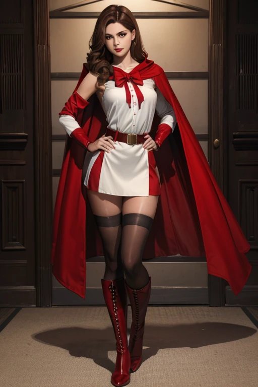 19 year old girl straight brown hair perfect body red hood and cape white shirt with shoulder pads red chorts belt stockings black pantyhose boots tender face creating energy shields with her hands red lips 