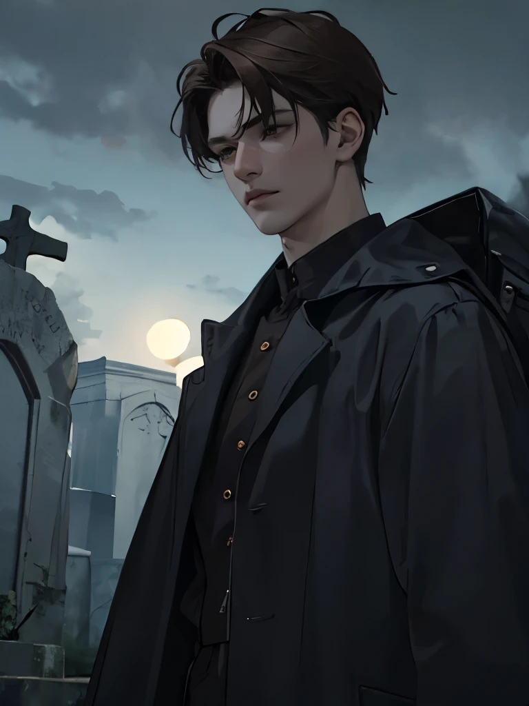 Dark, boy with brown hair and dark clothing, boy in a cemetery, boy in a graveyard, dark, dark creepy boy, boy with dark hair, dark clothes, beautiful, high quality, nighttime, dark, eerie, dark environment, handsome boy, close up, creepy