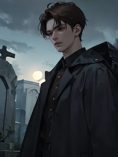 Dark, boy with brown hair and dark clothing, boy in a cemetery, boy in a graveyard, dark, dark creepy boy, boy with dark hair, d...