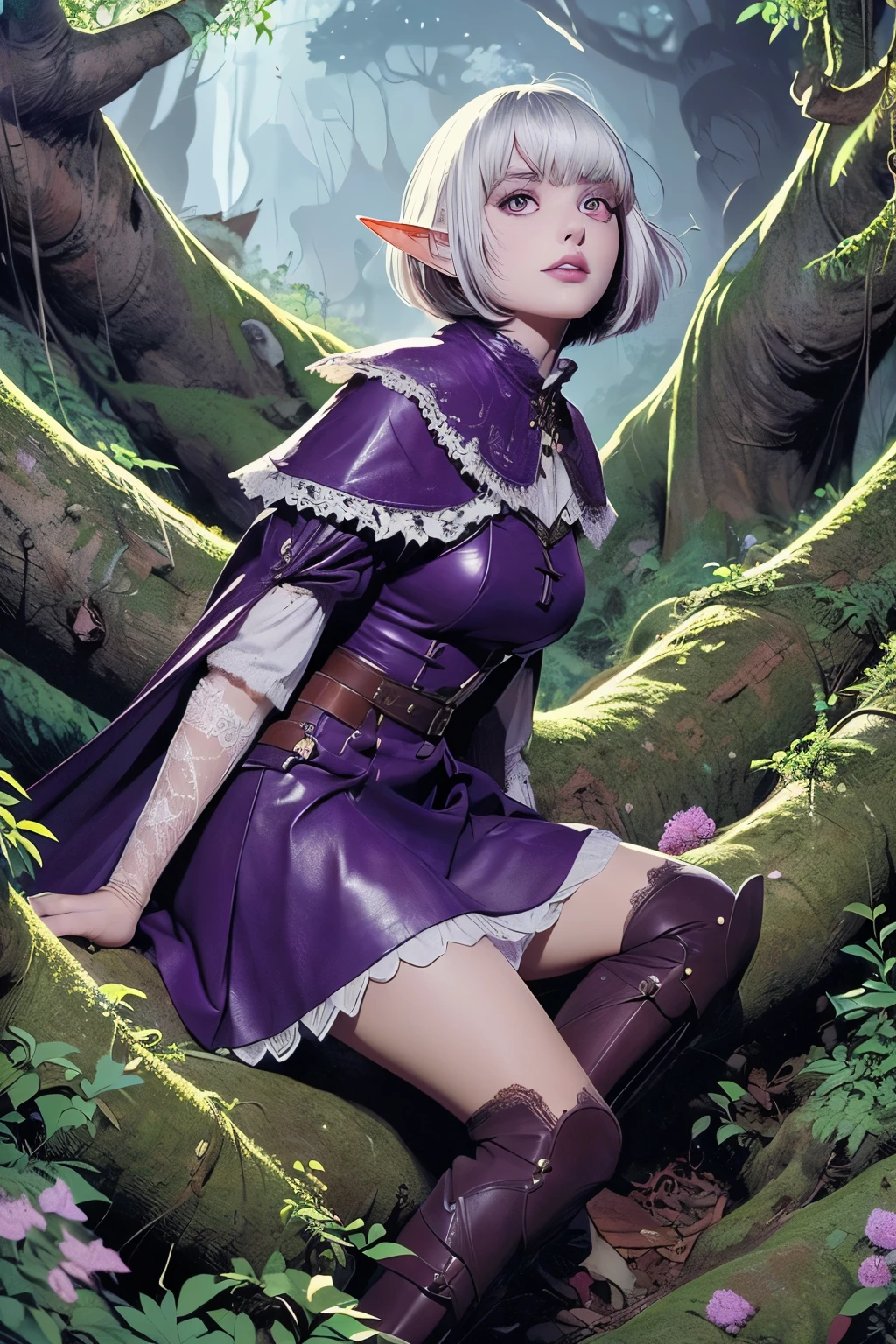 (super-detailed face, narrow eyes, looking away:1.3), (gothic & ukiyoe & comic art fantasy illustration), BREAK (Full body, 1 woman), (She is climbing upward on a huge tree in a deep forest, clinging to the trunk and branches:1.5), (white hair, blunt fringe, middle-aged dark elf woman with a bob cut, dark purple skin, and lavender eyes:1.3), (She is carrying a small backpack and wearing leather, lace ruffled armor. She is wearing knee-length leather boots:1.2)