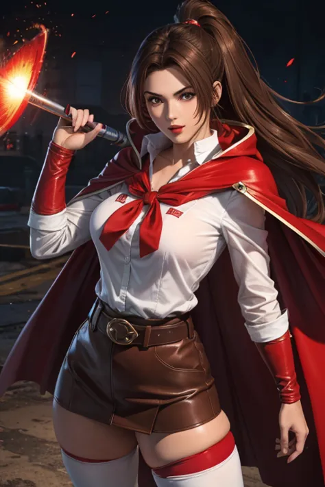 19 year old girl straight brown hair perfect body red hood and cape white shirt with shoulder pads red chorts belt stockings bla...