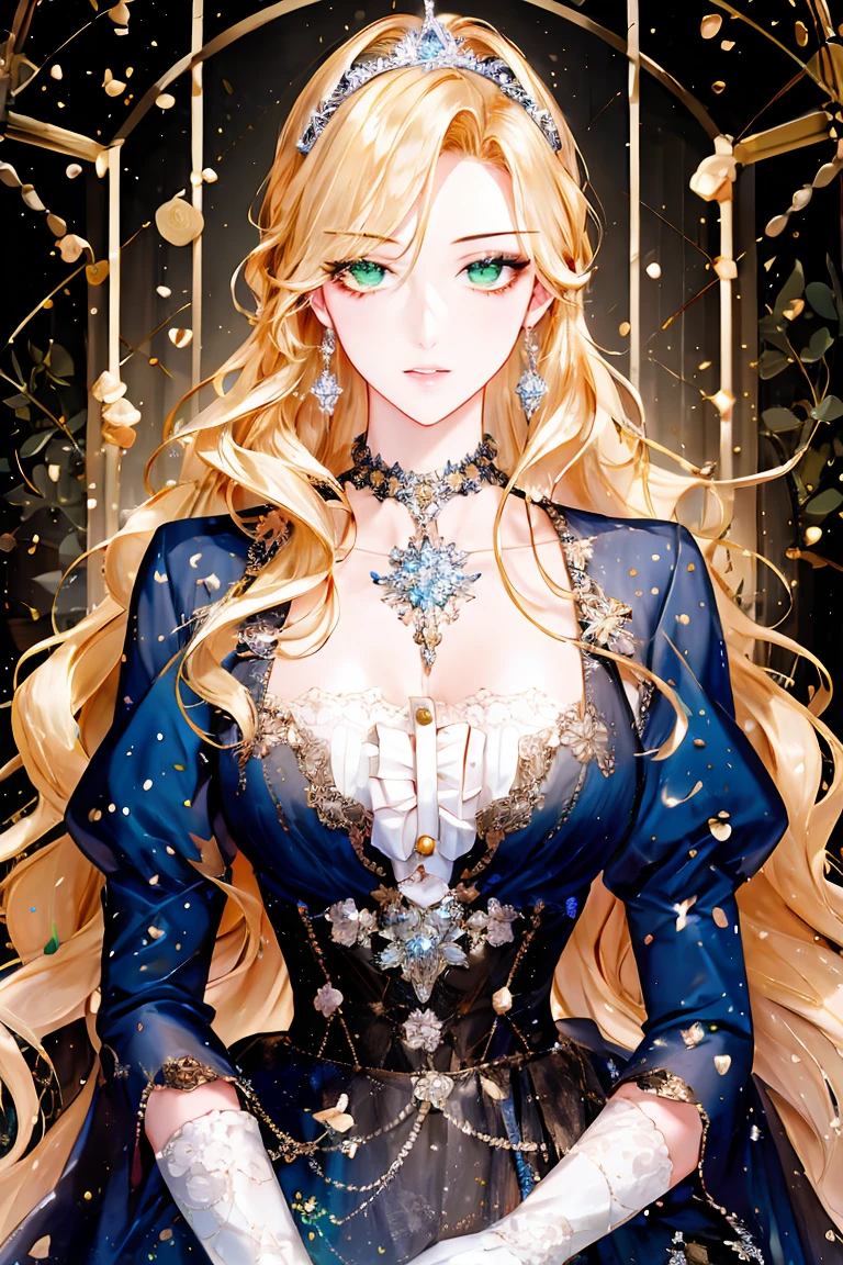 shoujo-style, (floral background, romance manhwa), 1girl, blonde hair, solo, long hair, flower, dress, tiara, white dress, gloves, long sleeves, choker, green eyes, mascara, makeup, white gloves, black bow, black flower, wavy hair, bow, bra, jewelry, looking at viewer, white background, collarbone, puffy sleeves, silver accessories, upper body, parted bangs, very long hair, blue dress, frills, bangs, closed mouth, detailed eyes, sparkle