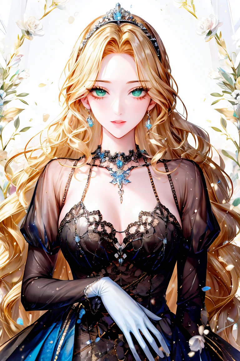 shoujo-style, (floral background, romance manhwa), 1girl, blonde hair, solo, long hair, flower, dress, tiara, white dress, gloves, long sleeves, choker, green eyes, mascara, makeup, white gloves, black bow, black flower, wavy hair, bow, bra, jewelry, looking at viewer, white background, collarbone, puffy sleeves, silver accessories, upper body, parted bangs, very long hair, blue dress, frills, bangs, closed mouth, detailed eyes, sparkle