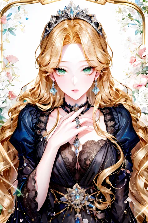 shoujo-style, (floral background, romance manhwa), 1girl, blonde hair, solo, long hair, flower, dress, tiara, white dress, glove...