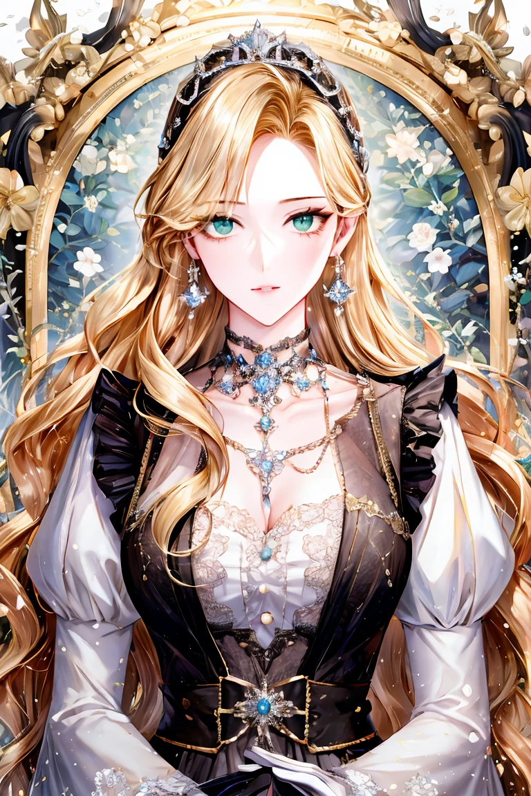 shoujo-style, (floral background, romance manhwa), 1girl, blonde hair, solo, long hair, flower, dress, tiara, white dress, gloves, long sleeves, choker, green eyes, mascara, makeup, white gloves, black bow, black flower, wavy hair, bow, bra, jewelry, looking at viewer, white background, collarbone, puffy sleeves, silver accessories, upper body, parted bangs, very long hair, blue dress, frills, bangs, closed mouth, detailed eyes, sparkle