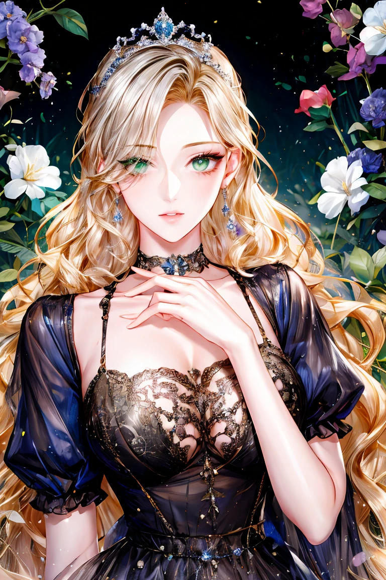 shoujo-style, (floral background, romance manhwa), 1girl, blonde hair, solo, long hair, flower, dress, tiara, white dress, gloves, long sleeves, choker, green eyes, mascara, makeup, white gloves, black bow, black flower, wavy hair, bow, bra, jewelry, looking at viewer, white background, collarbone, puffy sleeves, silver accessories, upper body, parted bangs, very long hair, blue dress, frills, bangs, closed mouth, detailed eyes, sparkle