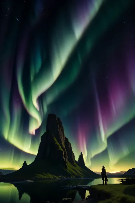 landscape, ultra HD, (background asgard), details, lighting, 8k, (aurora borealis in the sky), constellation, (background asgard...